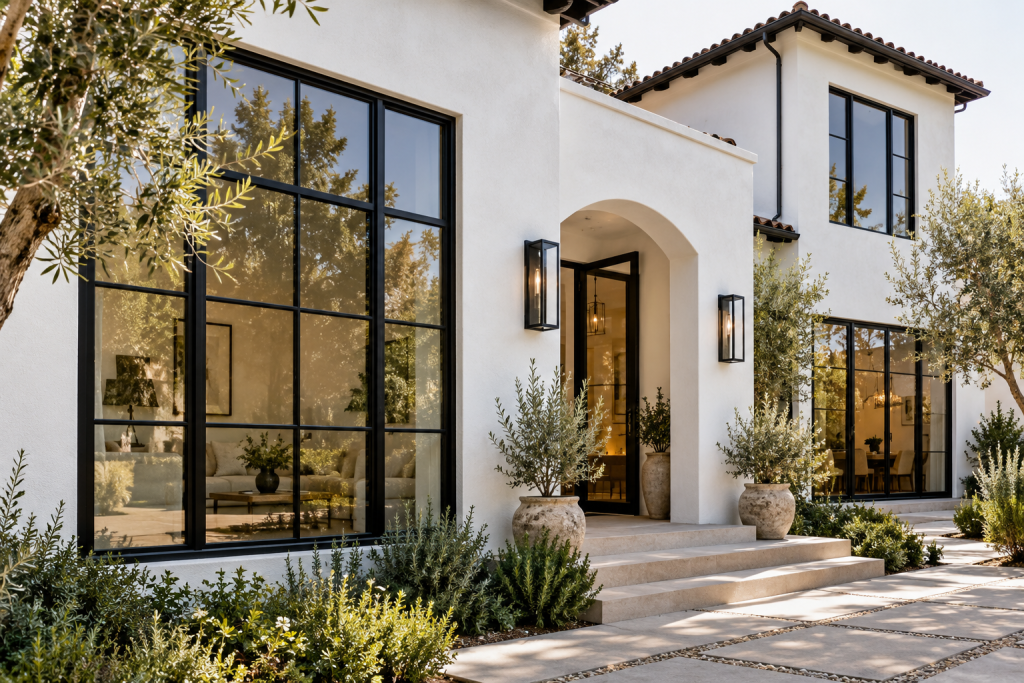 Black Windows on White Stucco